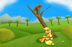 Size: 2089x1384 | Tagged: safe, artist:ryou14, applejack, earth pony, pony, hatless, looking at you, missing accessory, sitting, solo, straw, tree, under the tree