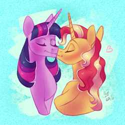 Size: 1300x1300 | Tagged: safe, artist:eeviart, sunset shimmer, twilight sparkle, twilight sparkle (alicorn), alicorn, pony, unicorn, digital art, eyes closed, female, kissing, lesbian, mare, shipping, sunsetsparkle