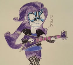 Size: 947x843 | Tagged: safe, artist:malevolentsamson, artist:psygcosis507, rarity, equestria girls, badass, clothes, fishnet stockings, flying v, guitar, guitarity, hairpin, jacket, leather jacket, nail polish, simple background, solo, traditional art