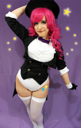 Size: 3282x5160 | Tagged: safe, artist:ribbonbell, pinkie pie, human, party of one, clothes, cosplay, costume, irl, irl human, leotard, photo, socks, solo, thigh highs, thighs, tuxedo