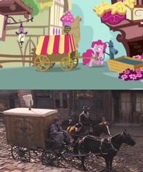 Size: 732x882 | Tagged: safe, screencap, pinkie pie, earth pony, horse, pony, the one where pinkie pie knows, comparison, django, django unchained, horses doing horse things, irl horse, movie reference, pony pulls the wagon, wagon