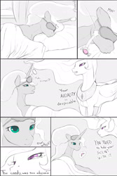 Size: 1280x1920 | Tagged: safe, artist:arareroll, princess celestia, princess luna, human, pony, blindfold, candy, comic, food, implied human on pony action, implied interspecies, monochrome, neo noir, partial color, sleeping