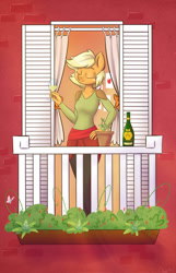 Size: 899x1400 | Tagged: safe, artist:erysz, applejack, oc, oc:sparkling cider, anthro, balcony, cider, eyes closed, glass, solo, ultimare universe