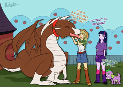 Size: 698x494 | Tagged: safe, artist:kibate, applejack, spike, twilight sparkle, winona, dog, dragon, equestria girls, cute, dragonified, headcanon, species swap, spike the dog, winona the dragon