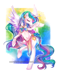 Size: 1994x2513 | Tagged: safe, artist:marejestic, princess celestia, alicorn, pony, belly button, belly dancer, bipedal, bocas top, braid, ear piercing, earring, eyes closed, female, horn jewelry, jewelry, loincloth, mare, piercing, solo, spread wings, watermark