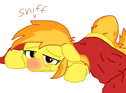 Size: 3124x2314 | Tagged: safe, artist:masterxtreme, derpibooru import, spitfire, blanket, cold, cute, floppy ears, frown, miserable, prone, sick, sneezing, solo, woobie