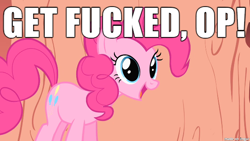 Size: 610x343 | Tagged: safe, pinkie pie, earth pony, pony, image macro, meme, op, reaction image, vulgar