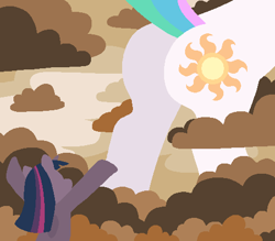 Size: 486x426 | Tagged: safe, artist:threetwotwo32232, princess celestia, twilight sparkle, twilight sparkle (alicorn), alicorn, pony, cloud, cloudy, duo, plot, praise the sun, sunbutt