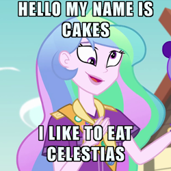 Size: 500x500 | Tagged: safe, edit, edited screencap, screencap, princess celestia, principal celestia, equestria girls, legend of everfree, cake, cakelestia, derp, derplestia, faic, food, image macro, meme, sillestia, silly, solo