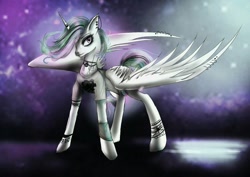 Size: 1754x1240 | Tagged: safe, artist:mayamermaid, princess celestia, alicorn, pony, abstract background, bracelet, choker, clothes, ear piercing, earring, eyeshadow, horn ring, jewelry, makeup, piercing, punk, punklestia, shirt, solo, t-shirt, wing piercing
