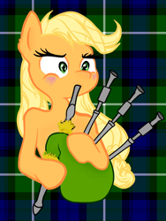 Size: 600x799 | Tagged: safe, artist:arcum42, artist:gezawatt, applejack, earth pony, pony, bagpipes, colored, hatless, missing accessory, solo, tartan