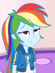 Size: 424x560 | Tagged: safe, derpibooru import, screencap, rainbow dash, zephyr breeze, better together, equestria girls, holidays unwrapped, animated, canterlot mall, cropped, dashing through the mall, geode of super speed, magical geodes, offscreen character, rainbow dash is not amused, solo focus, unamused