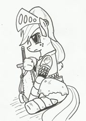 Size: 902x1259 | Tagged: safe, artist:sirbriggz, applejack, earth pony, pony, /mlp/, armor, drawfriend, monochrome, sitting, solo, sword