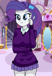 Size: 1500x2181 | Tagged: safe, artist:philelmago, rarity, equestria girls, carousel boutique, clothes, female, miniskirt, skirt, smiling, solo