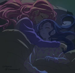 Size: 1058x1034 | Tagged: safe, artist:5mmumm5, sci-twi, sunset shimmer, twilight sparkle, equestria girls, anime, blanket, clothes, duo, female, lesbian, night, pajamas, scitwishimmer, shipping, sleeping, sunsetsparkle