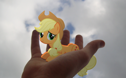 Size: 1920x1200 | Tagged: safe, artist:bryal, applejack, hand, irl, photo, ponies in real life, tiny ponies