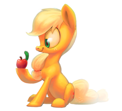 Size: 1621x1481 | Tagged: safe, artist:erudier, applejack, earth pony, pony, worm, apple, solo, that pony sure does love apples