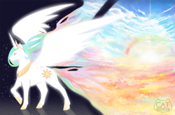 Size: 1313x863 | Tagged: safe, artist:catcrossing, princess celestia, alicorn, pony, raised hoof, solo, spread wings