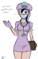 Size: 600x932 | Tagged: safe, artist:johnjoseco, minuette, human, clipboard, colored, costume, dentist, gloves, head mirror, humanized, nightmare night, rubber gloves, stethoscope, surgical mask