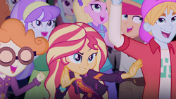 Size: 1280x720 | Tagged: safe, screencap, aqua blossom, drama letter, golden hazel, hunter hedge, sandy cerise, scribble dee, sunset shimmer, velvet sky, watermelody, better together, equestria girls, sunset's backstage pass!, background human, backstage pass, female, fry lilac, geode of empathy, happy, logo, magical geodes, male, music festival outfit, pose, smiling, surfing, wide eyes