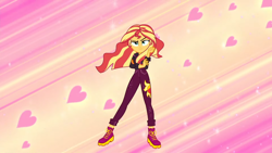 Size: 1280x720 | Tagged: safe, screencap, sunset shimmer, better together, equestria girls, sunset's backstage pass!, backstage pass, logo, pose, sliding background