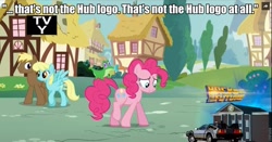 Size: 960x502 | Tagged: safe, screencap, coco crusoe, pinkie pie, sassaflash, earth pony, pony, the one where pinkie pie knows, back to the future, delorean, image macro, meme, text