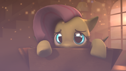 Size: 1920x1080 | Tagged: safe, artist:star-lightstarbright, fluttershy, pegasus, pony, 3d, box, cute, glowing eyes, pony in a box, shyabetes, solo, source filmmaker, weapons-grade cute