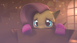 Size: 1920x1080 | Tagged: safe, artist:star-lightstarbright, fluttershy, pegasus, pony, 3d, box, clothes, cute, glowing eyes, pony in a box, shyabetes, socks, solo, source filmmaker, striped socks, weapons-grade cute