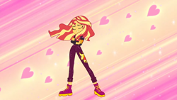 Size: 1280x720 | Tagged: safe, screencap, sunset shimmer, better together, equestria girls, sunset's backstage pass!, backstage pass, floating heart, heart, pose, sliding background