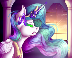 Size: 3500x2832 | Tagged: safe, artist:vavaig69, princess celestia, alicorn, pony, dark magic, frown, glowing eyes, gritted teeth, magic, nose wrinkle, profile, solo, sombra eyes, stars, twilight (astronomy), window