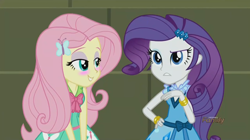 Size: 1440x806 | Tagged: safe, edit, edited screencap, screencap, fluttershy, rarity, equestria girls, friendship games, blushing, discovery family logo, female, flarity, lesbian, shipping