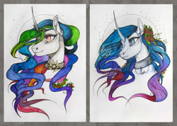 Size: 1280x909 | Tagged: safe, artist:casynuf, princess celestia, princess luna, alicorn, pony, curved horn, traditional art