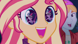 Size: 600x338 | Tagged: safe, edit, edited screencap, screencap, sci-twi, sunset shimmer, twilight sparkle, better together, equestria girls, forgotten friendship, sunset's backstage pass!, backstage pass, clothes, cute, eye reflection, female, fry lilac, happy, lesbian, logo, reflection, scitwishimmer, shimmerbetes, shipping, smiling, sunsetsparkle, swimsuit, twiabetes, wide eyes