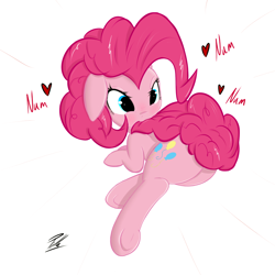 Size: 1000x1000 | Tagged: safe, artist:pilla, pinkie pie, earth pony, pony, chasing own tail, chewing, cute, diapinkes, floppy ears, heart, nom, simple background, solo, tail bite, underhoof