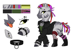 Size: 3000x2000 | Tagged: safe, artist:selma-schefer, oc, oc only, oc:primal sound, zebra, belt, boots, clothes, collar, ear piercing, earring, eyebrow piercing, female, fishnet stockings, jacket, jewelry, leather jacket, mohawk, nose piercing, nose ring, open mouth, piercing, punk, reference sheet, shirt, shoes, simple background, socks, solo, spiked wristband, stockings, striped socks, t-shirt, thigh highs, tongue out, tongue piercing, white background, wristband