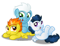 Size: 1024x786 | Tagged: safe, artist:aleximusprime, derpibooru import, fleetfoot, high winds, spitfire, cute, cutefire, diafleetes, eye contact, filly, leaning, looking at each other, on back, open mouth, pony pile, prone, simple background, smiling, transparent background, wonderbolts, younger