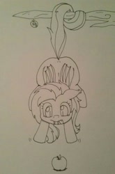 Size: 847x1280 | Tagged: safe, artist:notenoughapples, fluttershy, bat pony, pony, apple, cute, flutterbat, monochrome, prehensile tail, reaching, solo, tongue out, traditional art