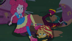 Size: 1920x1080 | Tagged: safe, screencap, pinkie pie, sunset shimmer, better together, equestria girls, sunset's backstage pass!, ass, batter, boots, bunset shimmer, butt, clothes, destruction, duo, duo female, female, food, food cart, geode of sugar bombs, magical geodes, night, outdoors, pantyhose, property damage, shoes, sneakers, wide eyes