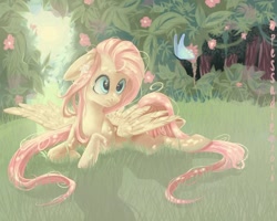 Size: 1024x819 | Tagged: safe, artist:pessadie, fluttershy, butterfly, pegasus, pony, forest, grass, prone, solo, spread wings