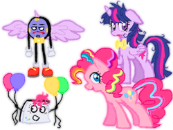 Size: 650x488 | Tagged: safe, artist:roselladoll1, derpibooru import, pinkie pie, twilight sparkle, twilight sparkle (alicorn), alicorn, earth pony, pony, don't hug me i'm scared, female, mare, notepad (dhmis), tony the talking clock