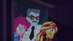 Size: 1920x1080 | Tagged: safe, screencap, max steele, pinkie pie, sunset shimmer, better together, equestria girls, sunset's backstage pass!, female, male, necktie, night, outdoors, security guard, shrunken pupils, sunglasses, wide eyes