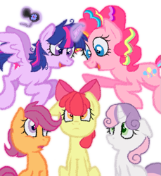 Size: 595x650 | Tagged: safe, artist:roselladoll1, derpibooru import, apple bloom, pinkie pie, scootaloo, sweetie belle, twilight sparkle, twilight sparkle (alicorn), alicorn, earth pony, pony, cutie mark crusaders, don't hug me i'm scared, female, mare, this will end in tears and/or death