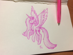 Size: 3064x2298 | Tagged: safe, artist:starlessnight22, princess celestia, alicorn, pony, eyes closed, flying, monochrome, pen drawing, simple background, solo, traditional art