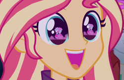 Size: 1109x720 | Tagged: safe, screencap, kiwi lollipop, sunset shimmer, supernova zap, better together, equestria girls, sunset's backstage pass!, cute, eye reflection, eyes closed, fry lilac, grin, happy, holding hands, k-lo, raised eyebrows, reflection, shimmerbetes, smiling, smoke, su-z