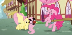 Size: 1917x951 | Tagged: safe, screencap, fluttershy, pinkie pie, earth pony, pegasus, pony, the one where pinkie pie knows, groucho mask, out of context