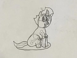 Size: 750x566 | Tagged: safe, artist:whistle blossom, derpibooru import, king sombra, pony, unicorn, colt, colt sombra, curved horn, cute, foal, grin, horn, lineart, looking at you, male, monochrome, simple background, sitting, sketch, smiling, smiling at you, solo, sombradorable, traditional art, white background, younger