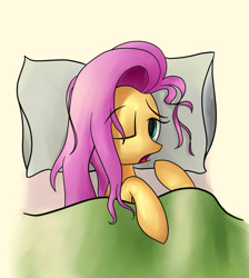 Size: 1024x1143 | Tagged: safe, artist:lollipony, fluttershy, pegasus, pony, bed, bed mane, blanket, female, mare, morning ponies, one eye closed, pillow, solo, waking up, yawn