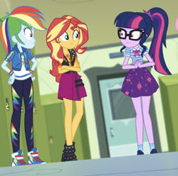 Size: 594x590 | Tagged: safe, derpibooru import, screencap, rainbow dash, sci-twi, sunset shimmer, twilight sparkle, better together, equestria girls, holidays unwrapped, cropped, geode of empathy, geode of super speed, geode of telekinesis, magical geodes, staring contest