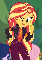 Size: 631x907 | Tagged: safe, screencap, applejack, fluttershy, sci-twi, sunset shimmer, twilight sparkle, better together, equestria girls, sunset's backstage pass!, butt touch, clothes, cropped, cute, female, geode of empathy, hand on butt, jacket, looking at you, magical geodes, one eye closed, shimmerbetes, smiling, solo focus, wink