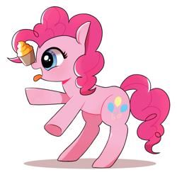 Size: 1000x1000 | Tagged: safe, artist:9seconds, pinkie pie, earth pony, pony, balancing, cupcake, cute, female, mare, open mouth, ponies balancing stuff on their nose, simple background, solo, tongue out, white background